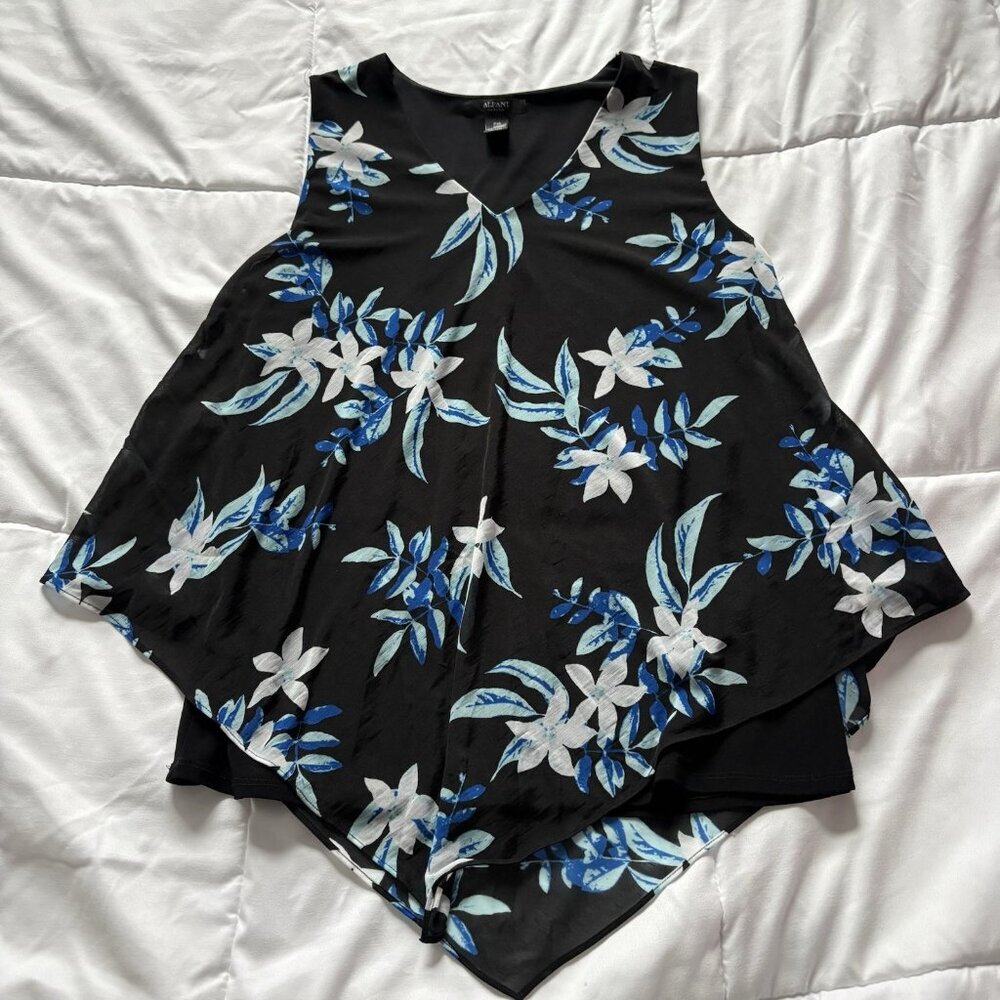 Womens Size PM Blue Black Tank Top Floral Blouse Officechic Corpcore City Lined